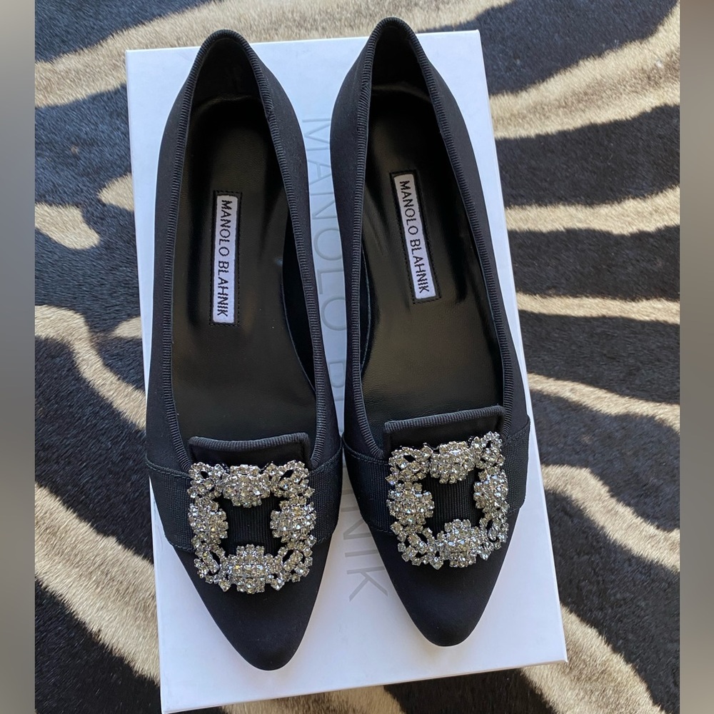Manolo Blahnik Marria Black Crepe de Chine Embellished Flat Shoes